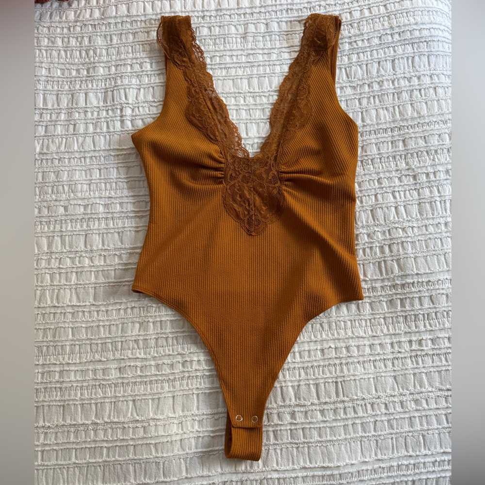 Anthropologie Deep V Lace Bodysuit in Brown